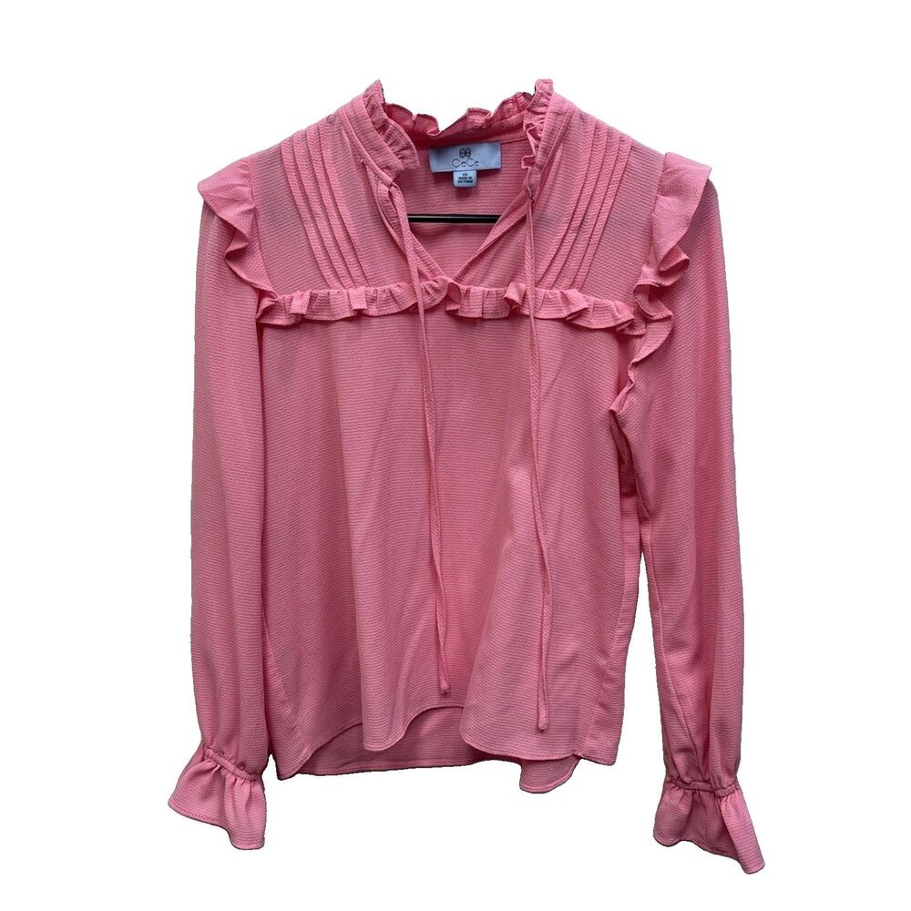 CeCe Women Pink Long Sleeve Blouse XS Ruffles Popover Keyhole Tie Pleats